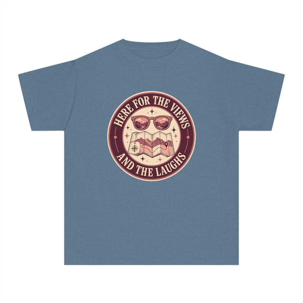 Here for the Views and the Laughs Youth Tee – Kids' Comfort Colors Travel Shirt in Blue Jean – flat lay