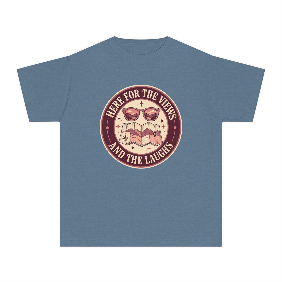 Here for the Views and the Laughs Youth Tee – Kids' Comfort Colors Travel Shirt in Blue Jean – flat lay