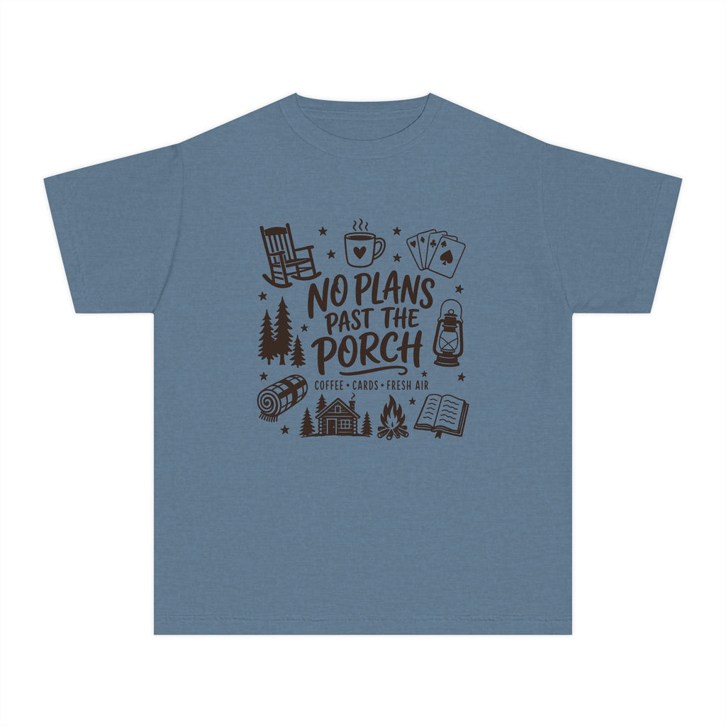 No Plans Past the Porch Youth Tee – Kids' Comfort Colors Cabin Weekend Shirt in Blue Jean – flat lay