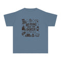 No Plans Past the Porch Youth Tee – Kids' Comfort Colors Cabin Weekend Shirt in Blue Jean – flat lay