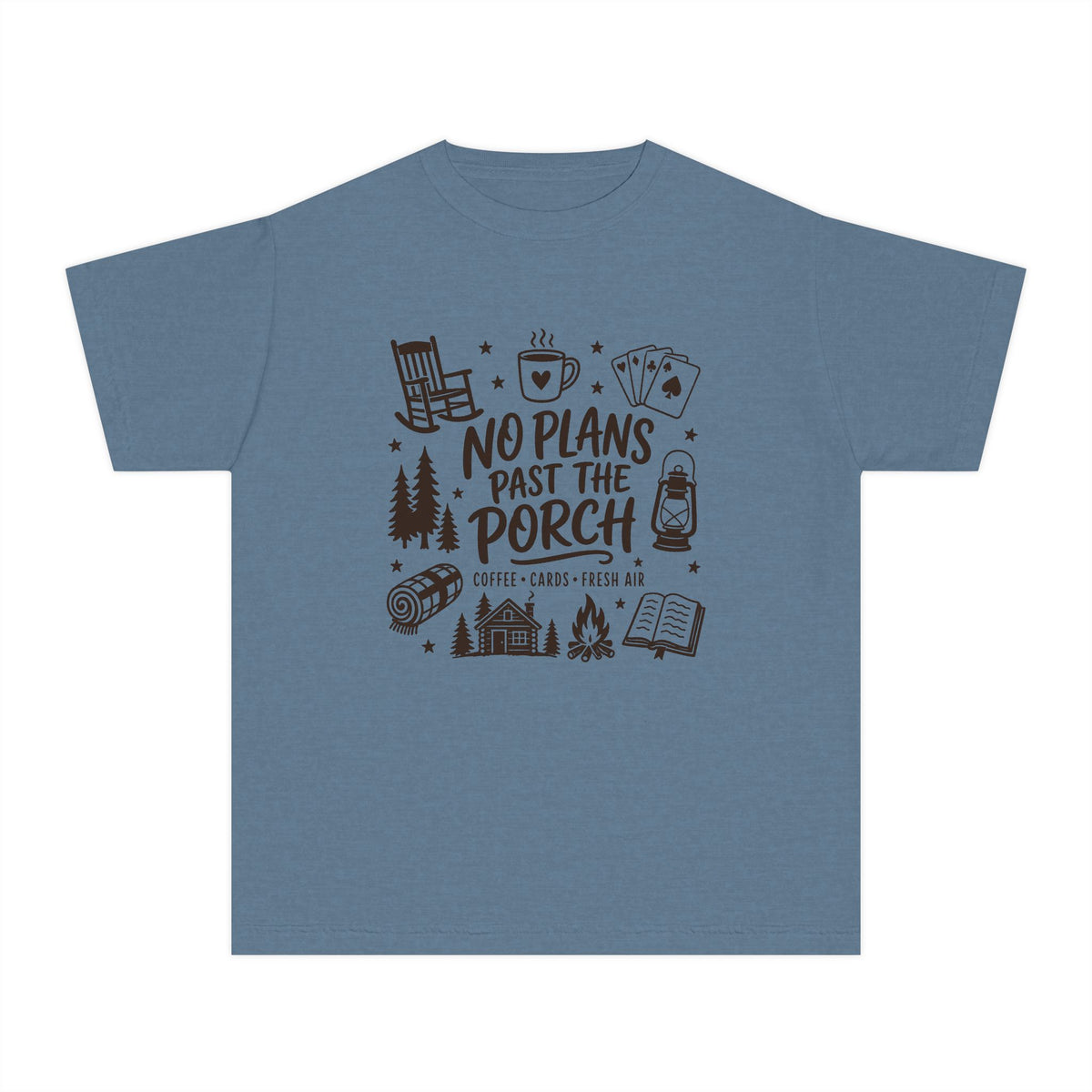 No Plans Past the Porch Youth Tee – Kids' Comfort Colors Cabin Weekend Shirt in Blue Jean – flat lay