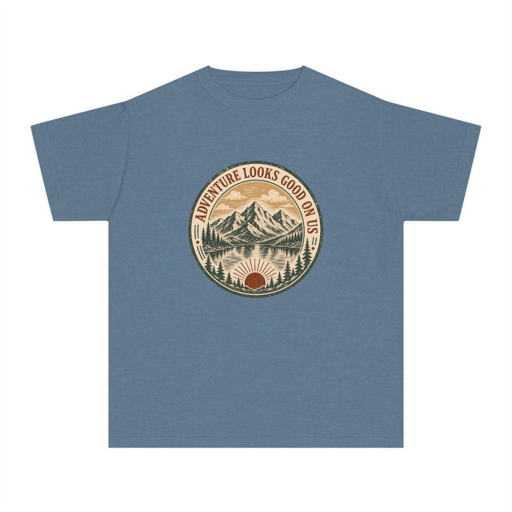 Adventure Looks Good On Us Youth Tee – Kids' Comfort Colors Mountain Travel Shirt in Blue Jean – flat lay