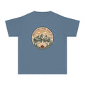 Adventure Looks Good On Us Youth Tee – Kids' Comfort Colors Mountain Travel Shirt in Blue Jean – flat lay
