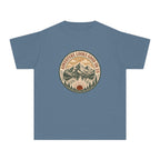 Adventure Looks Good On Us Youth Tee – Kids' Comfort Colors Mountain Travel Shirt in Blue Jean – flat lay