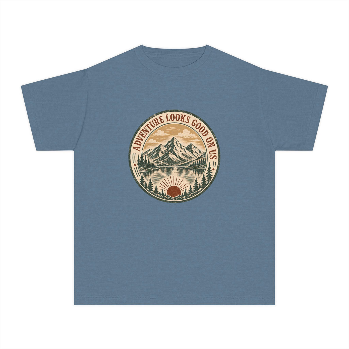 Adventure Looks Good On Us Youth Tee – Kids' Comfort Colors Mountain Travel Shirt in Blue Jean – flat lay