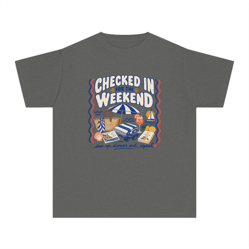 Checked In for the Weekend Youth Tee – Kids' Comfort Colors Beach Vacation Shirt in Pepper – flat lay