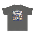 Checked In for the Weekend Youth Tee – Kids' Comfort Colors Beach Vacation Shirt in Pepper – flat lay