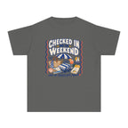 Checked In for the Weekend Youth Tee – Kids' Comfort Colors Beach Vacation Shirt in Pepper – flat lay