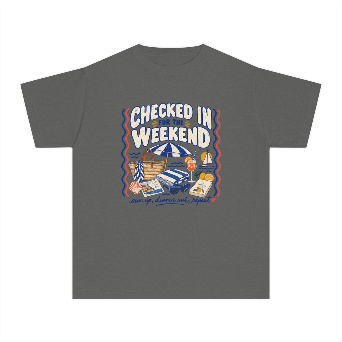 Checked In for the Weekend Youth Tee – Kids' Comfort Colors Beach Vacation Shirt in Pepper – flat lay