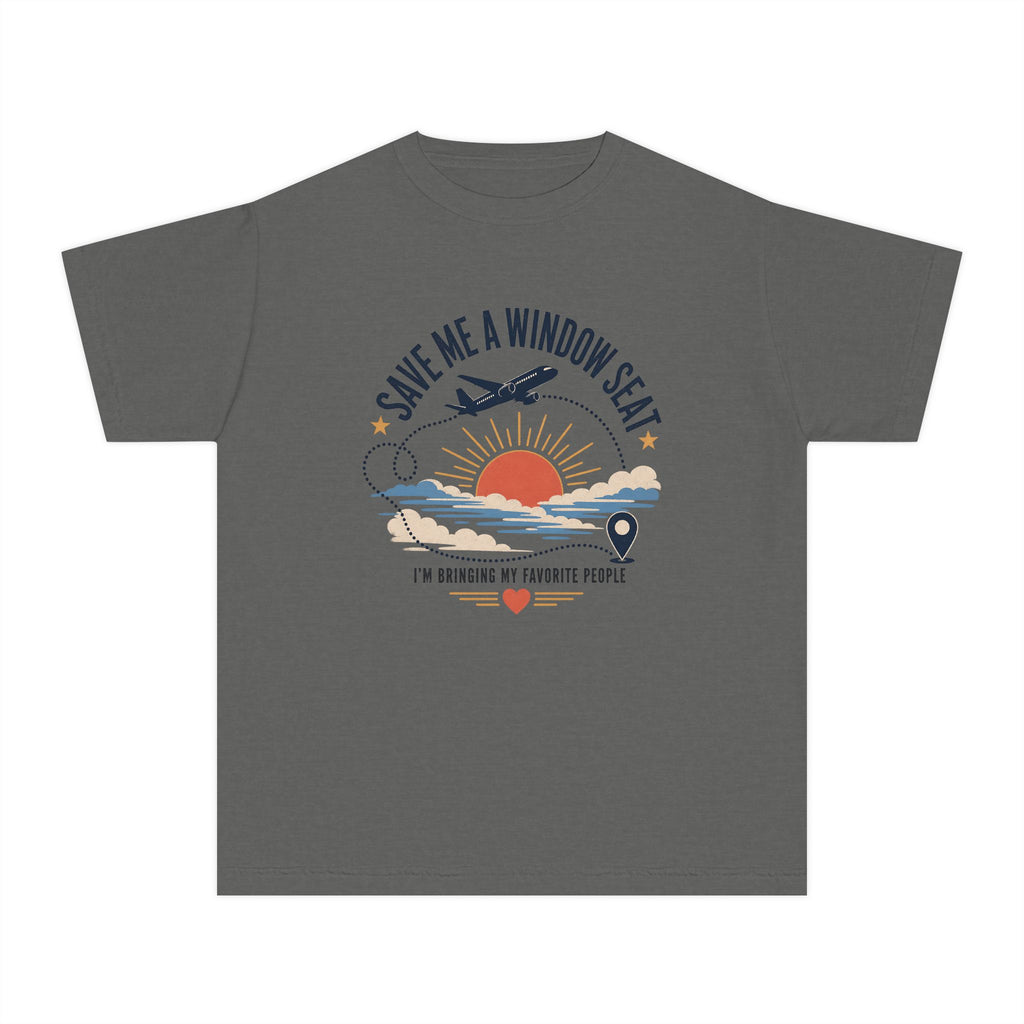 Save Me a Window Seat Youth Tee – Kids' Comfort Colors Family Travel Shirt in Pepper – flat lay