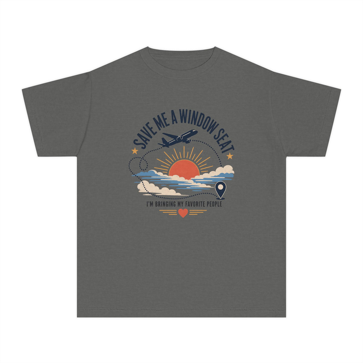 Save Me a Window Seat Youth Tee – Kids' Comfort Colors Family Travel Shirt in Pepper – flat lay