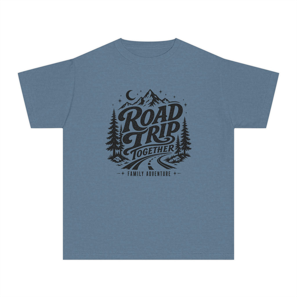 Road Trip Together Family Adventure Youth Tee – Kids' Comfort Colors Road Trip Shirt in Blue Jean – flat lay