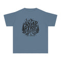 Road Trip Together Family Adventure Youth Tee – Kids' Comfort Colors Road Trip Shirt in Blue Jean – flat lay