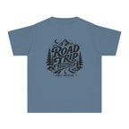 Road Trip Together Family Adventure Youth Tee – Kids' Comfort Colors Road Trip Shirt in Blue Jean – flat lay
