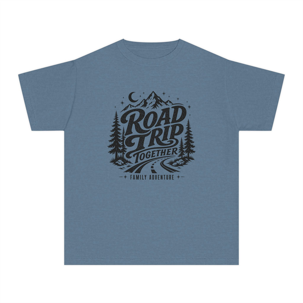 Road Trip Together Family Adventure Youth Tee – Kids' Comfort Colors Road Trip Shirt in Blue Jean – flat lay