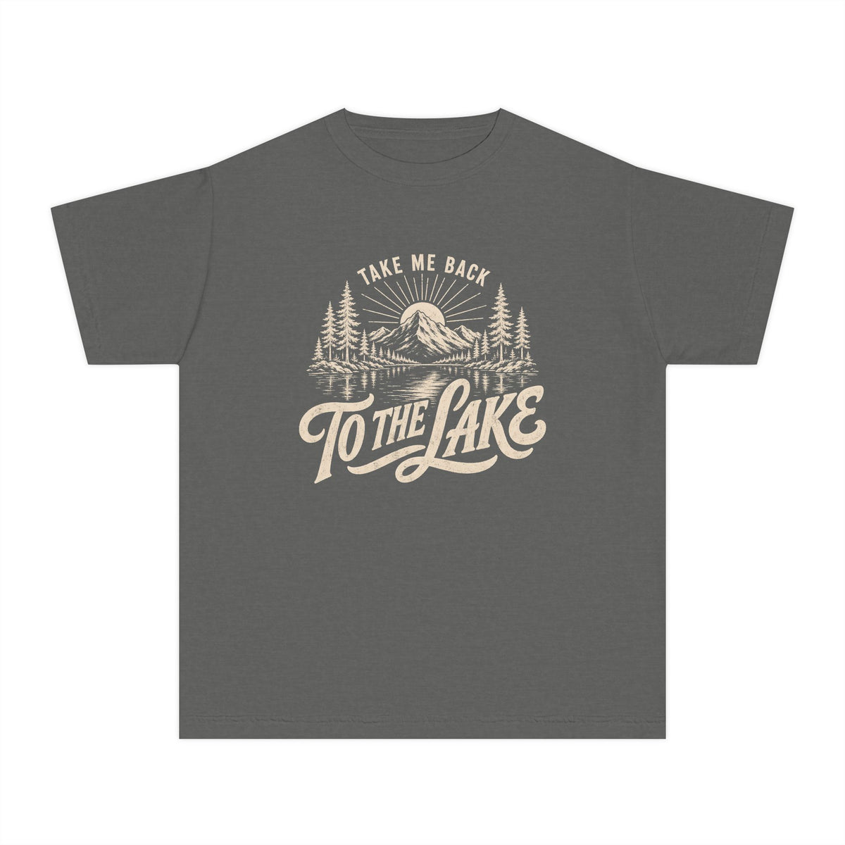 Take Me Back to the Lake Youth Tee – Kids' Comfort Colors Lake Vacation Shirt in Pepper – flat lay