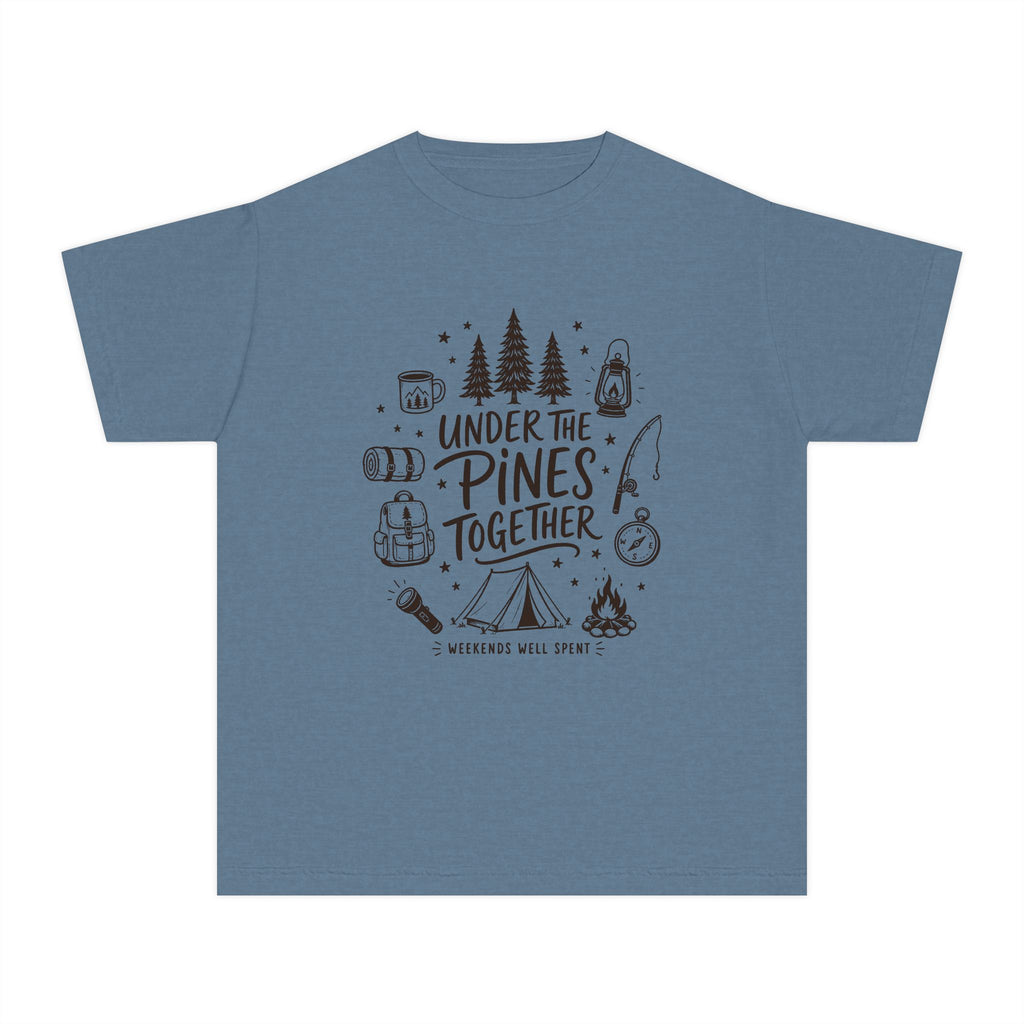 Under the Pines Together Youth Tee – Kids' Comfort Colors Camping Shirt in Blue Jean – flat lay