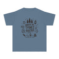 Under the Pines Together Youth Tee – Kids' Comfort Colors Camping Shirt in Blue Jean – flat lay