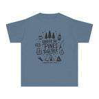 Under the Pines Together Youth Tee – Kids' Comfort Colors Camping Shirt in Blue Jean – flat lay