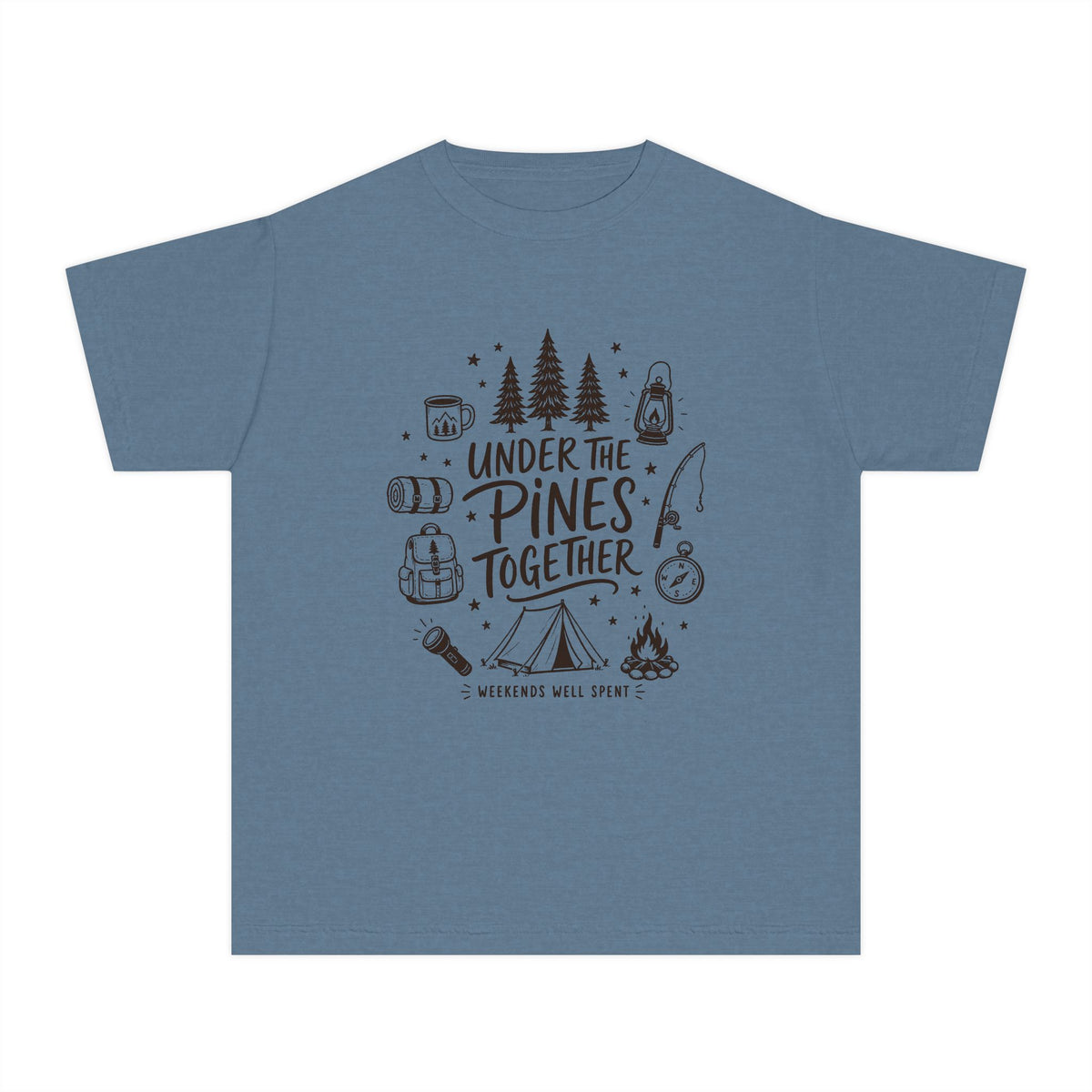 Under the Pines Together Youth Tee – Kids' Comfort Colors Camping Shirt in Blue Jean – flat lay