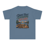 Dock First Everything Else Later Youth Tee – Kids' Comfort Colors Lake Vacation Shirt in Blue Jean – flat lay