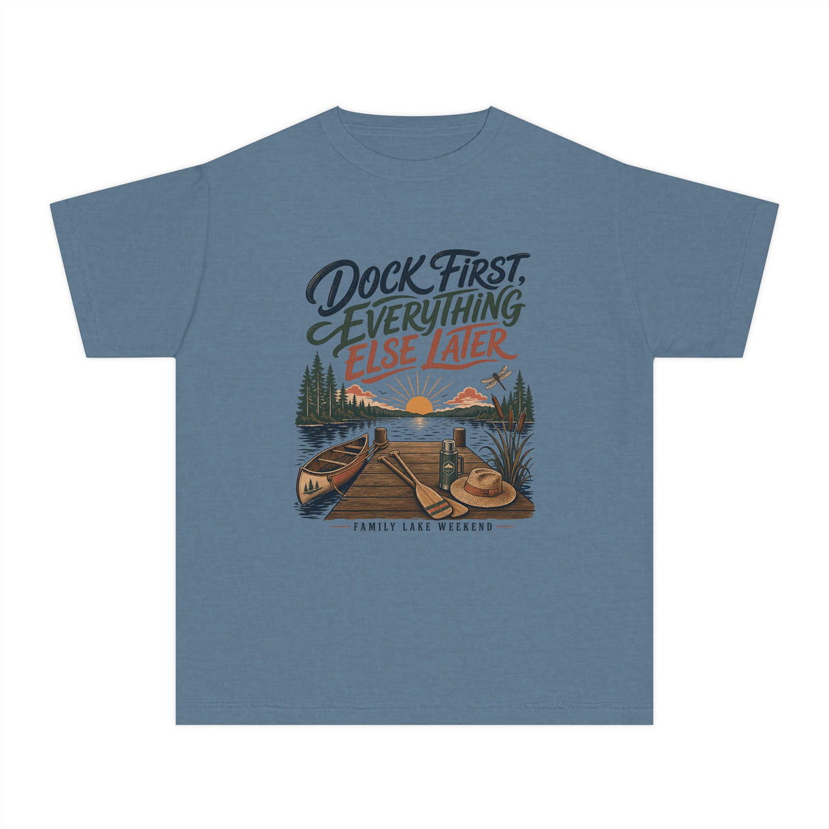Dock First Everything Else Later Youth Tee – Kids' Comfort Colors Lake Vacation Shirt in Blue Jean – flat lay