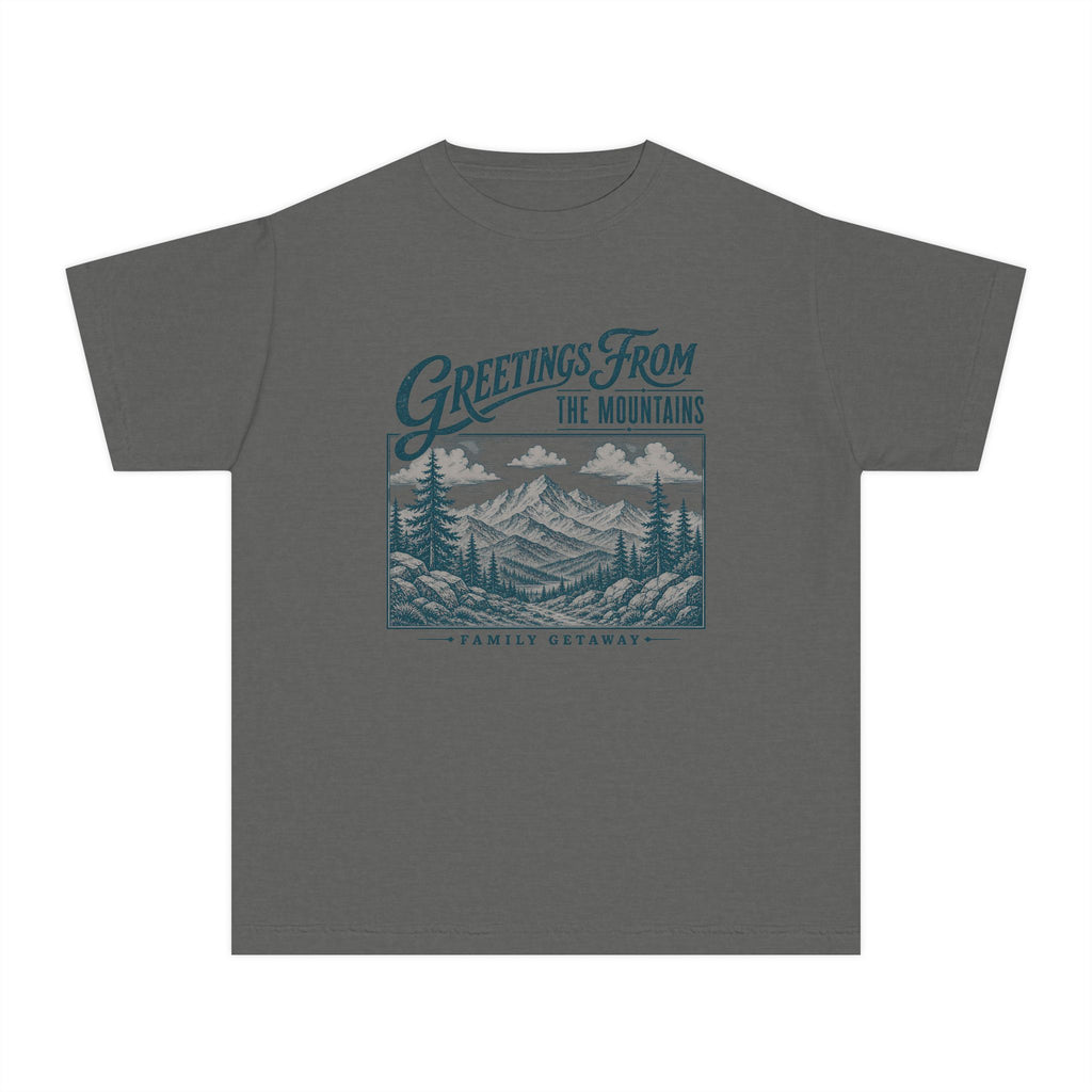Greetings from the Mountains Family Getaway Youth Tee – Kids' Comfort Colors Cabin Weekend Shirt in Pepper – flat lay