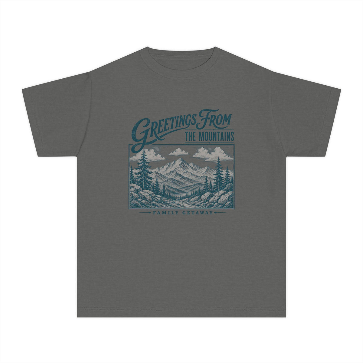 Greetings from the Mountains Family Getaway Youth Tee – Kids' Comfort Colors Cabin Weekend Shirt in Pepper – flat lay