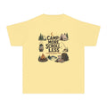 Camp More Scroll Less Youth Tee – Kids' Comfort Colors Camping Shirt in Butter – flat lay
