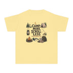 Camp More Scroll Less Youth Tee – Kids' Comfort Colors Camping Shirt in Butter – flat lay