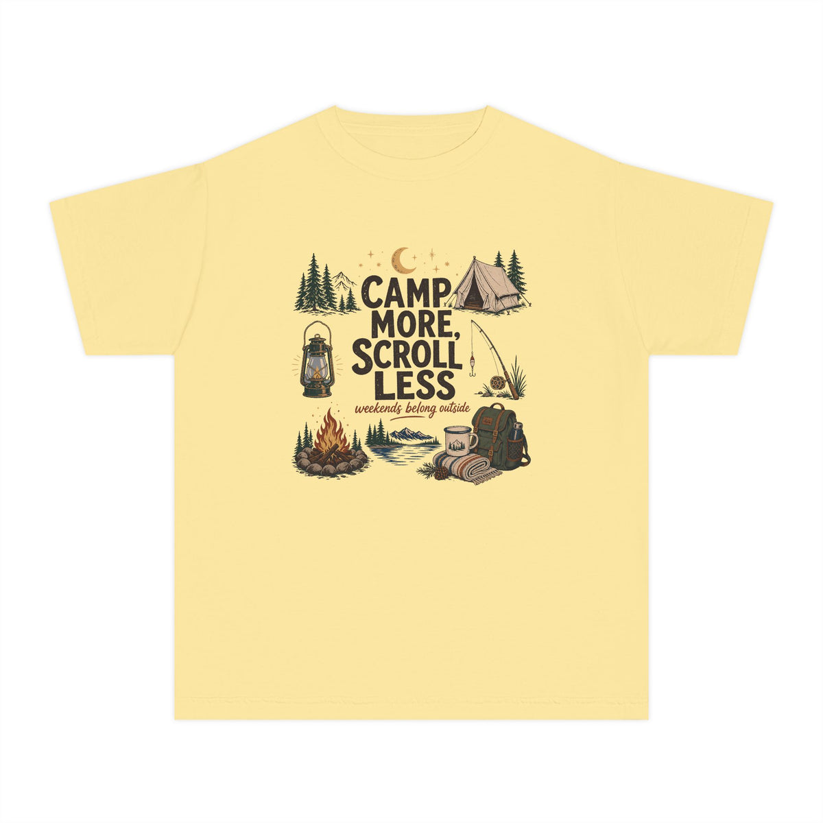 Camp More Scroll Less Youth Tee – Kids' Comfort Colors Camping Shirt in Butter – flat lay