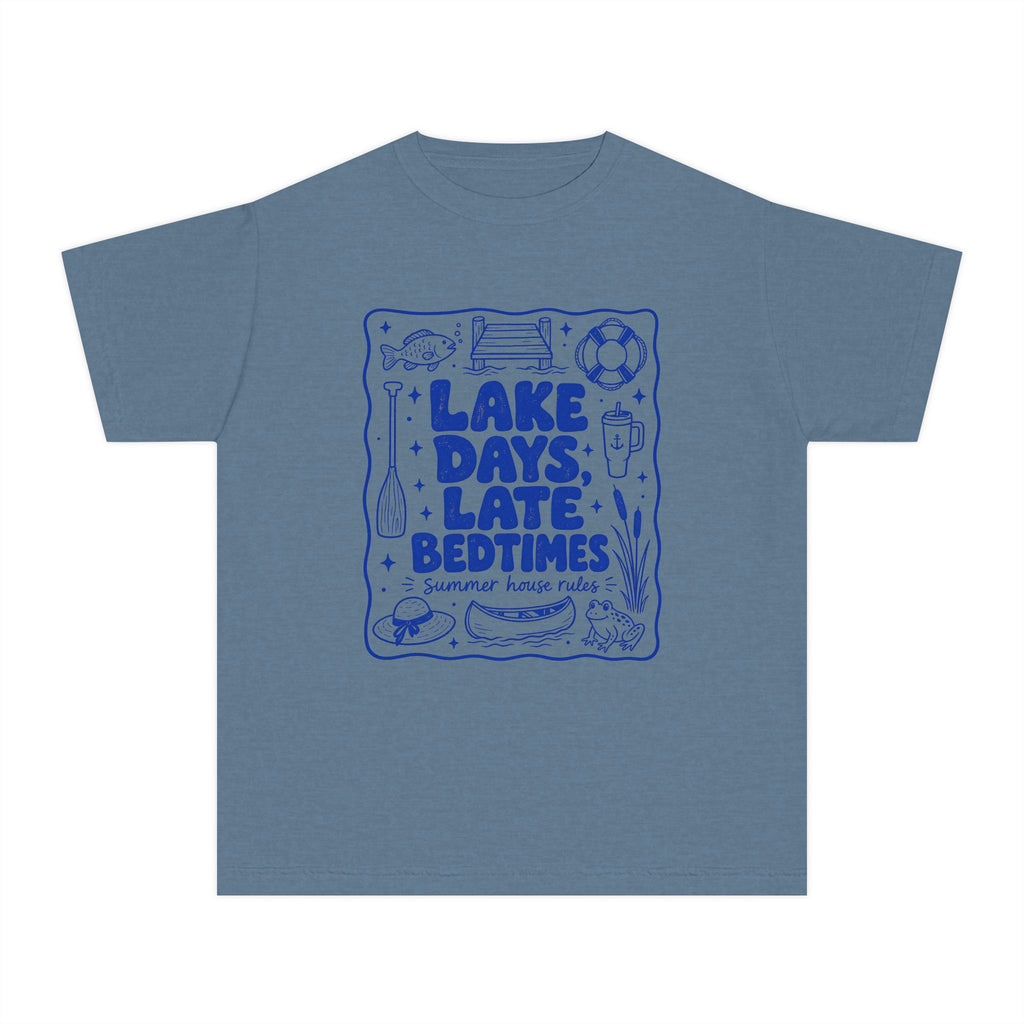 Lake Days Late Bedtimes Youth Tee – Kids' Comfort Colors Lake Vacation Shirt in Blue Jean – flat lay
