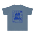 Lake Days Late Bedtimes Youth Tee – Kids' Comfort Colors Lake Vacation Shirt in Blue Jean – flat lay