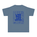 Lake Days Late Bedtimes Youth Tee – Kids' Comfort Colors Lake Vacation Shirt in Blue Jean – flat lay