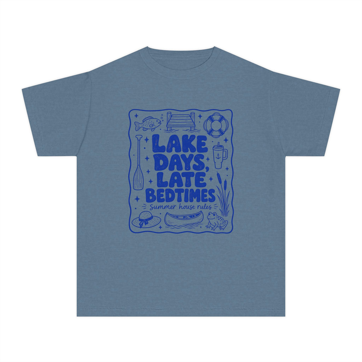 Lake Days Late Bedtimes Youth Tee – Kids' Comfort Colors Lake Vacation Shirt in Blue Jean – flat lay