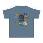Snacks Packed Seats Filled Youth Tee – Kids' Comfort Colors Road Trip Shirt in Blue Jean – flat lay