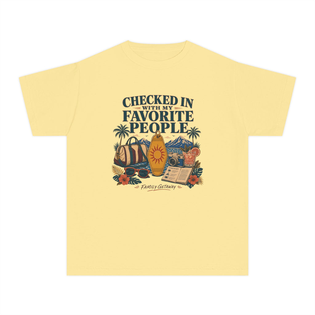 Checked In with My Favorite People Youth Tee – Kids' Comfort Colors Family Getaway Shirt in Butter – flat lay