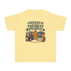 Checked In with My Favorite People Youth Tee – Kids' Comfort Colors Family Getaway Shirt in Butter – flat lay