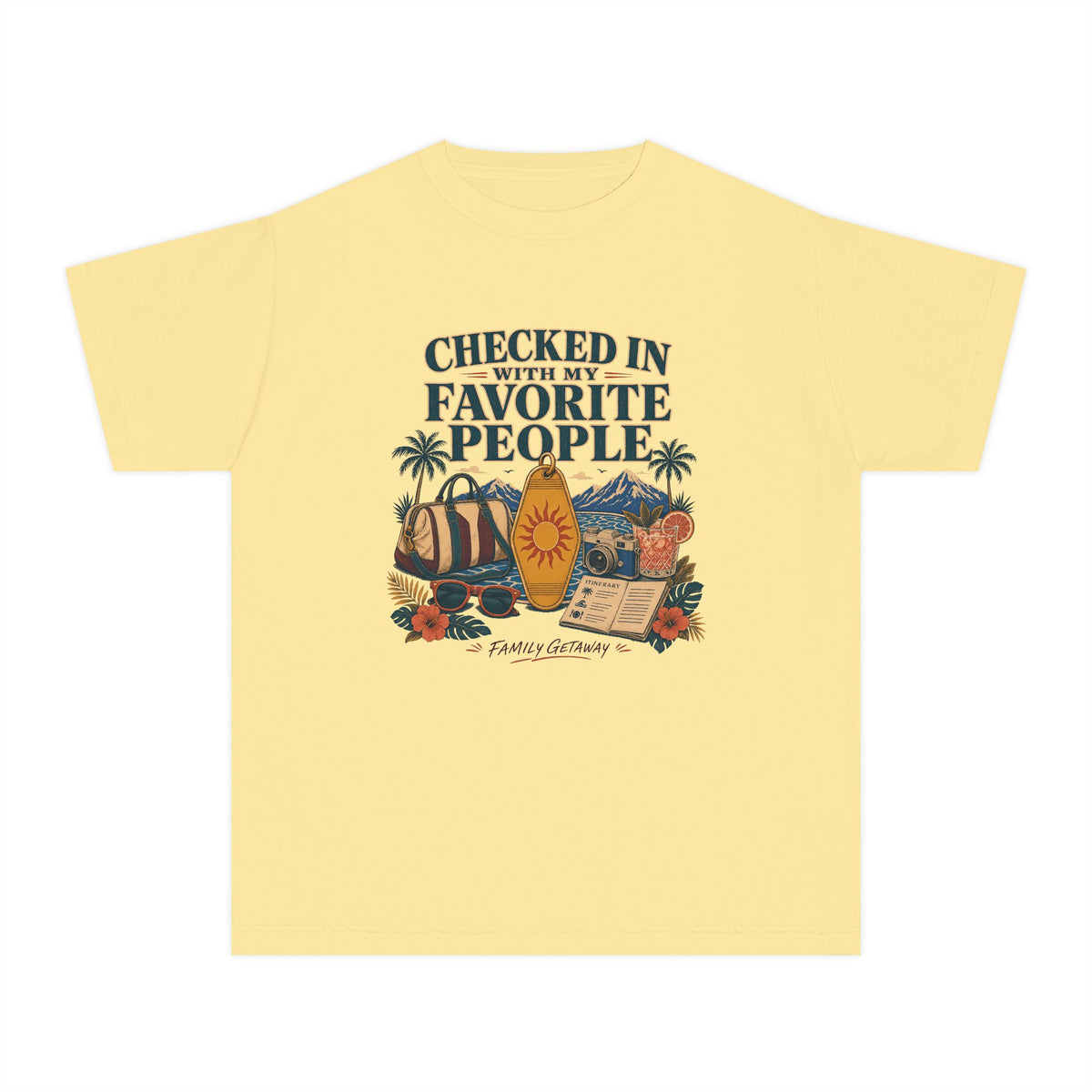 Checked In with My Favorite People Youth Tee – Kids' Comfort Colors Family Getaway Shirt in Butter – flat lay