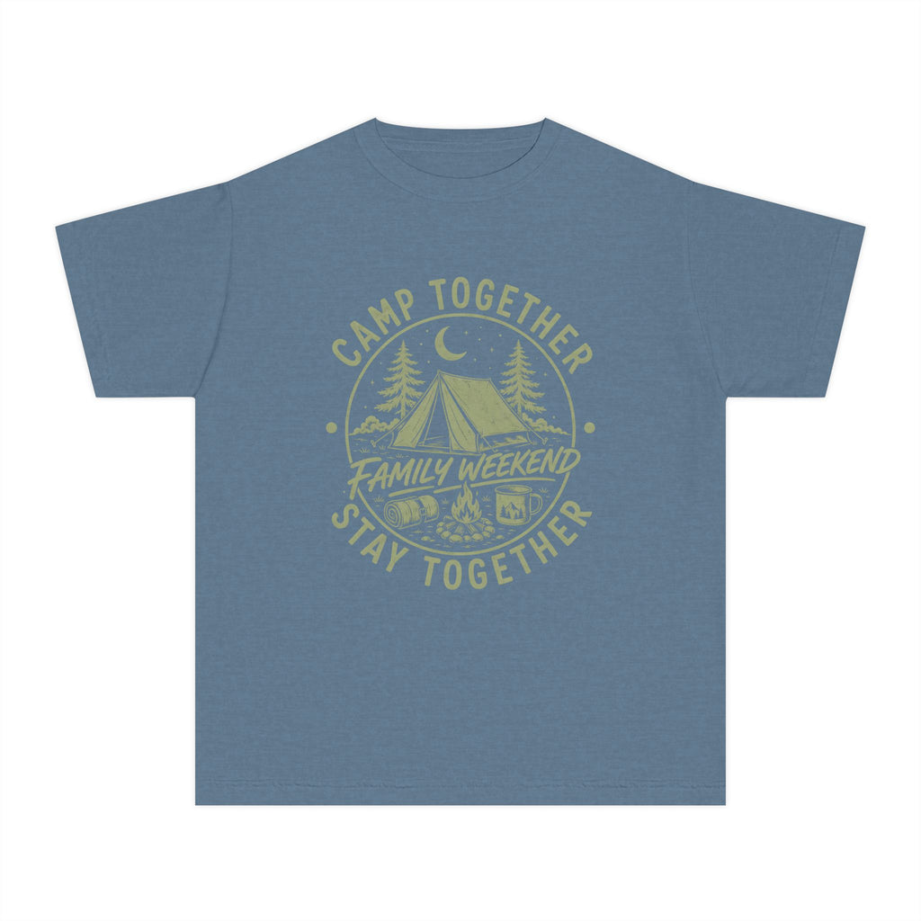 Camp Together Stay Together Family Weekend Youth Tee – Kids' Comfort Colors Camping Shirt in Blue Jean – flat lay