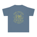Camp Together Stay Together Family Weekend Youth Tee – Kids' Comfort Colors Camping Shirt in Blue Jean – flat lay