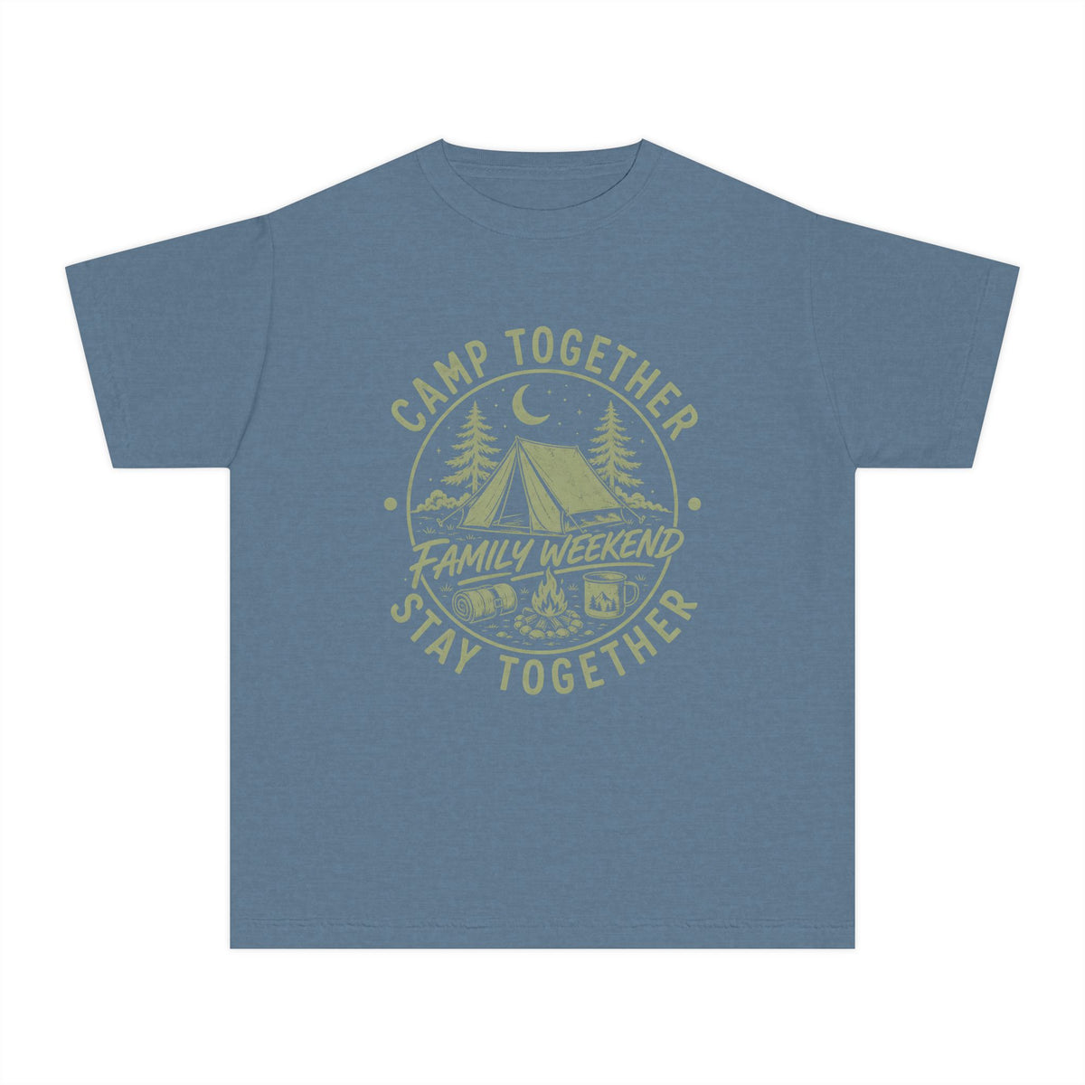 Camp Together Stay Together Family Weekend Youth Tee – Kids' Comfort Colors Camping Shirt in Blue Jean – flat lay