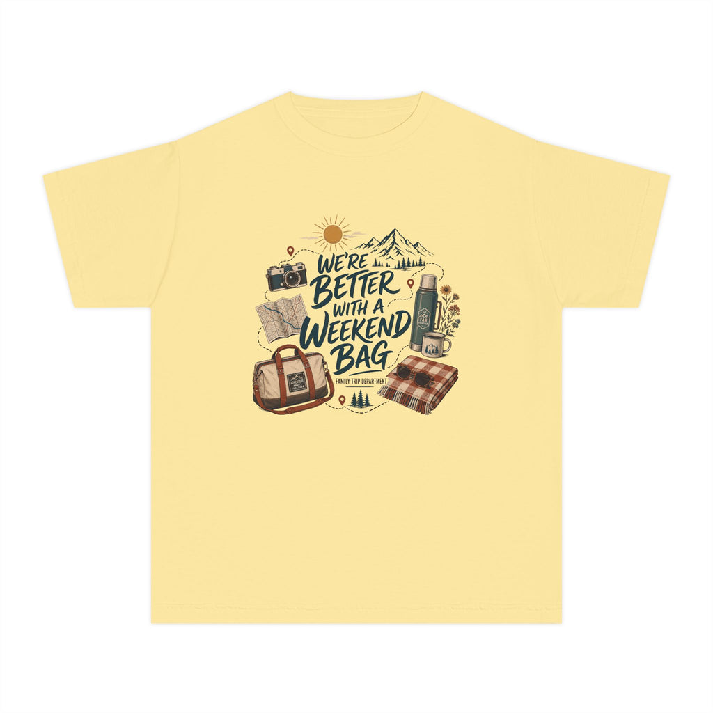 We're Better with a Weekend Bag Youth Tee – Kids' Comfort Colors Road Trip Shirt in Butter – flat lay