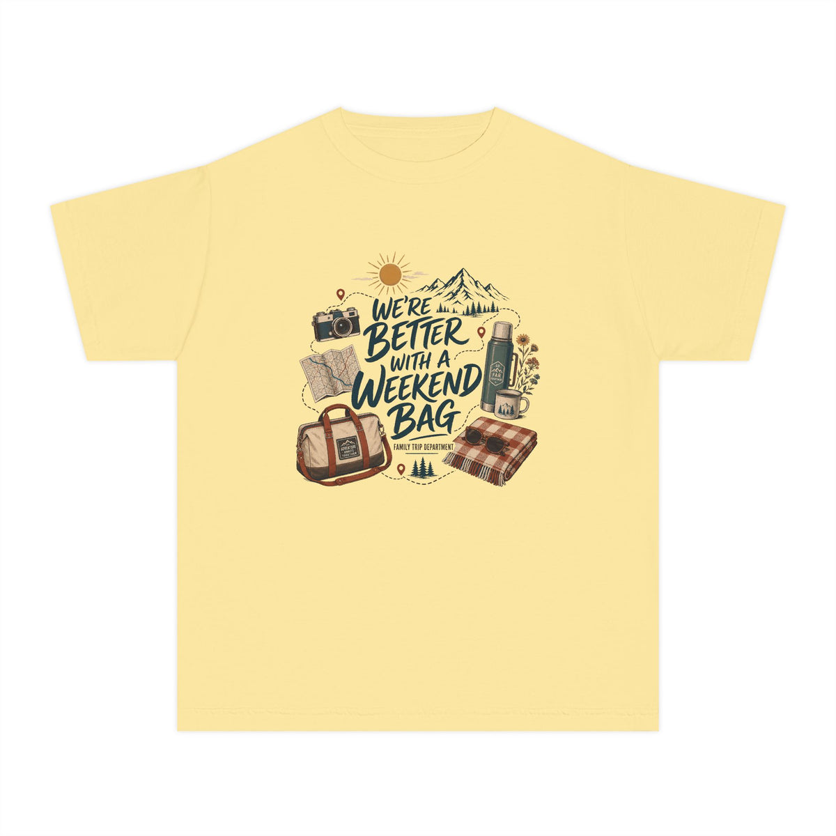 We're Better with a Weekend Bag Youth Tee – Kids' Comfort Colors Road Trip Shirt in Butter – flat lay
