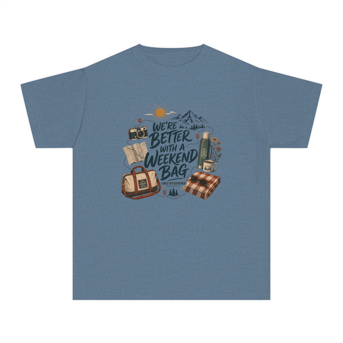We're Better with a Weekend Bag Youth Tee – Kids' Comfort Colors Road Trip Shirt in Blue Jean – flat lay