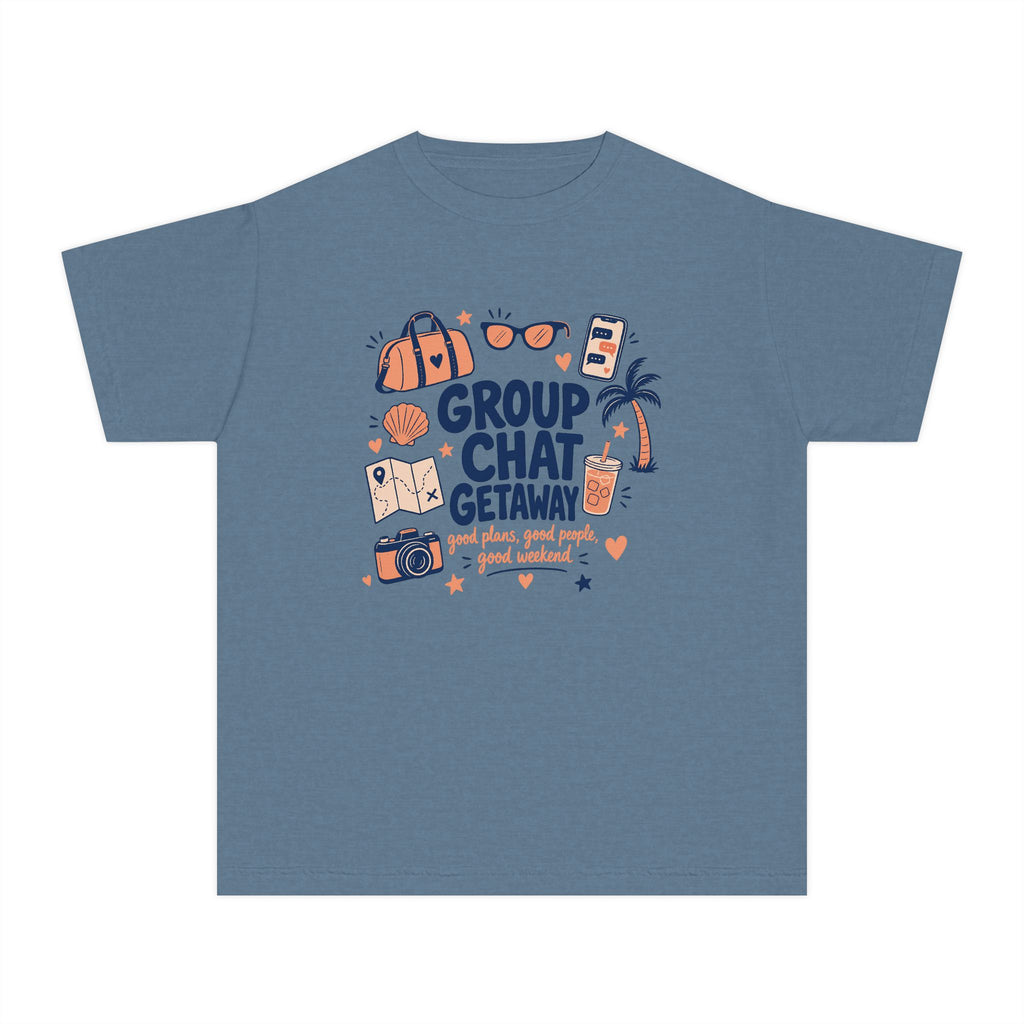 Group Chat Getaway Youth Tee – Kids' Comfort Colors Family Getaway Shirt in Blue Jean – flat lay