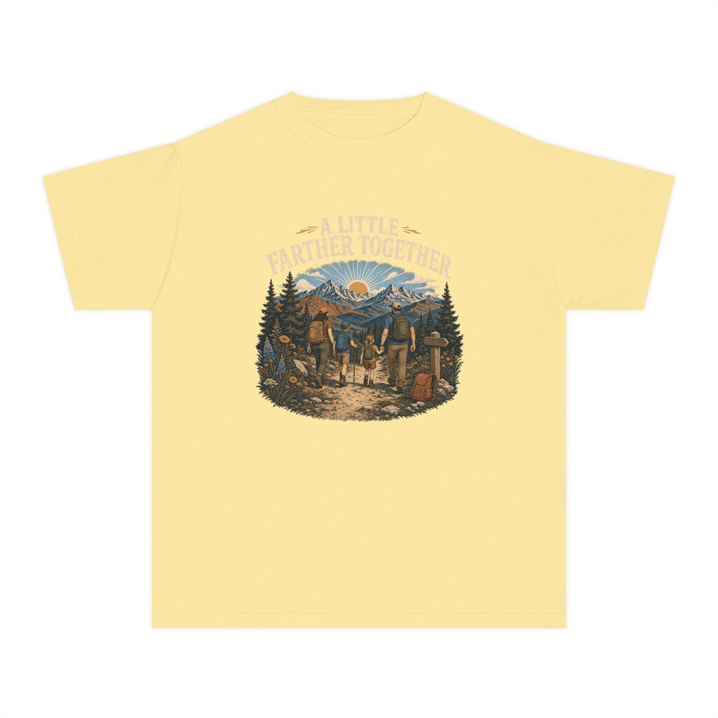 A Little Farther Together Youth Tee – Kids' Comfort Colors Hiking Family Shirt in Butter – flat lay