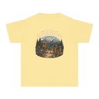 A Little Farther Together Youth Tee – Kids' Comfort Colors Hiking Family Shirt in Butter – flat lay