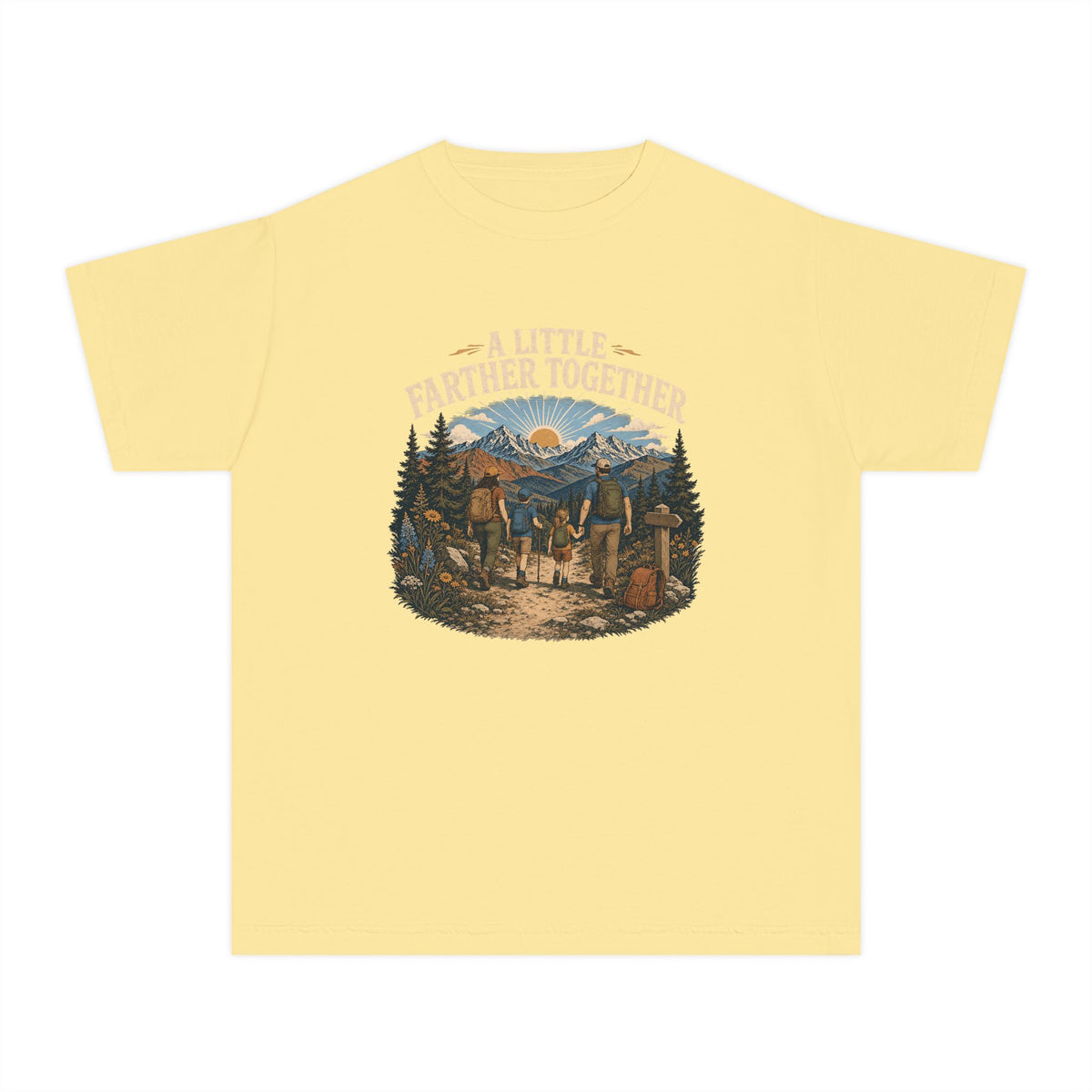 A Little Farther Together Youth Tee – Kids' Comfort Colors Hiking Family Shirt in Butter – flat lay