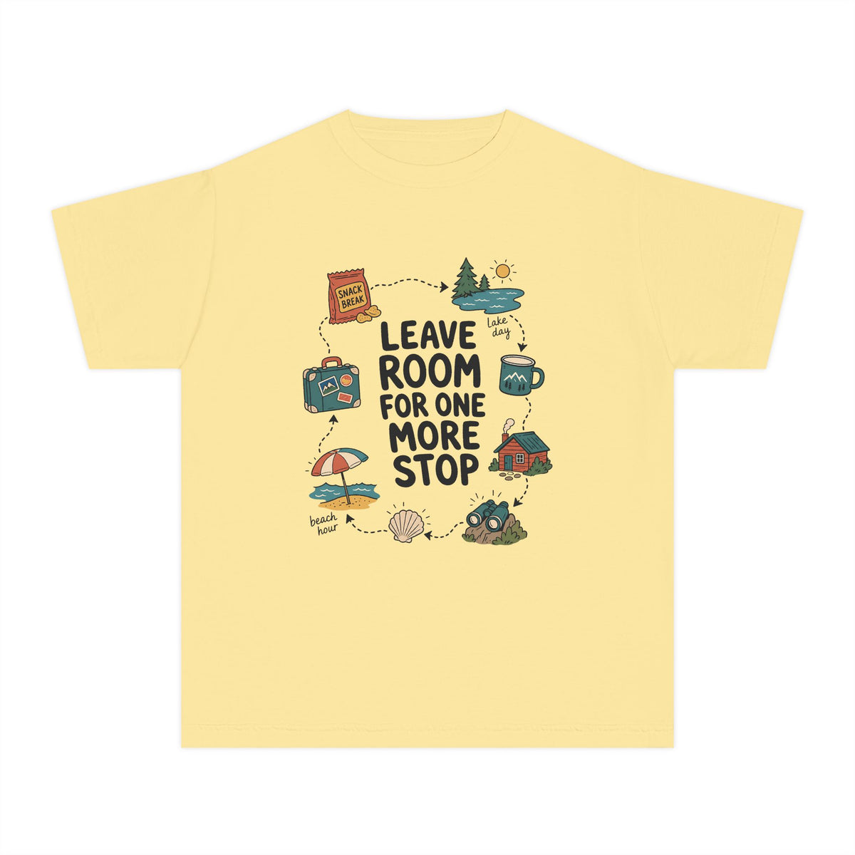 Leave Room for One More Stop Youth Tee – Kids' Comfort Colors Road Trip Shirt in Butter – flat lay